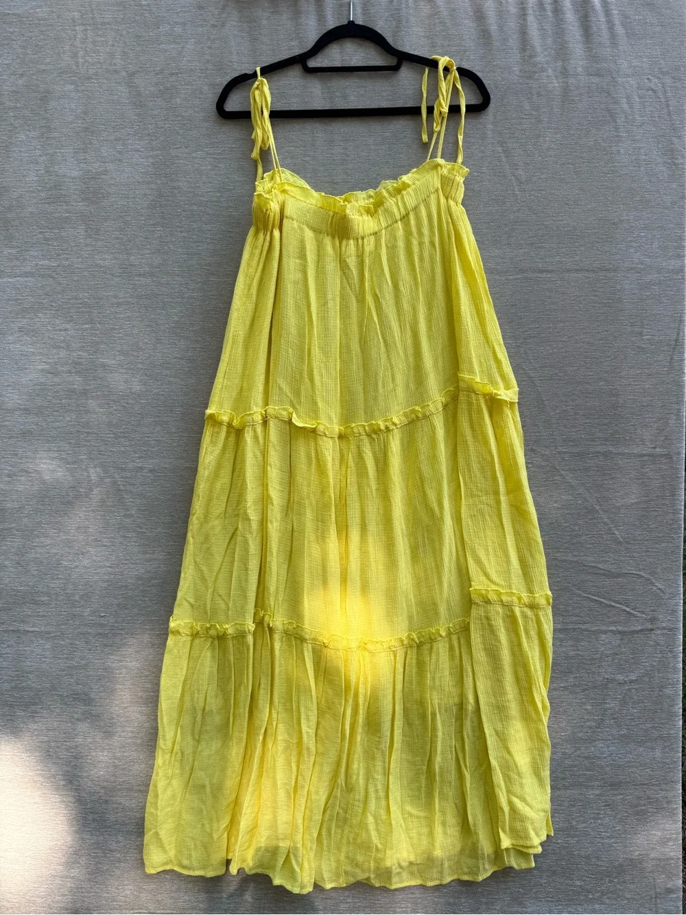Impressions Yellow Tiered Tie Strap Midi Dress Ruffle Smocked Boho Size Medium